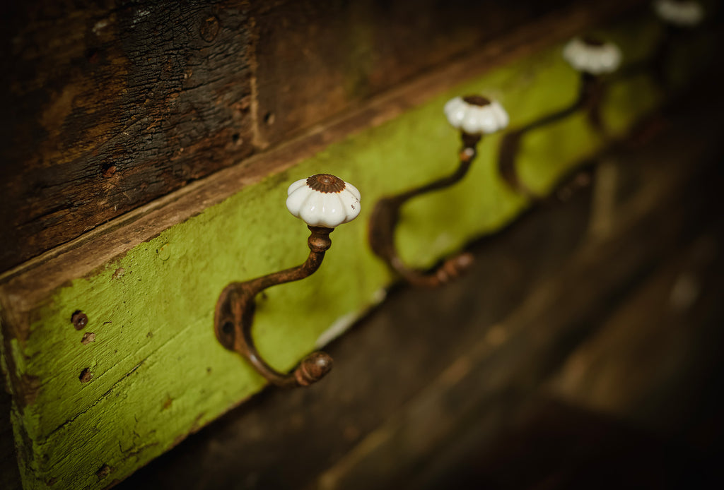 Vintage coat hooks on greed wood